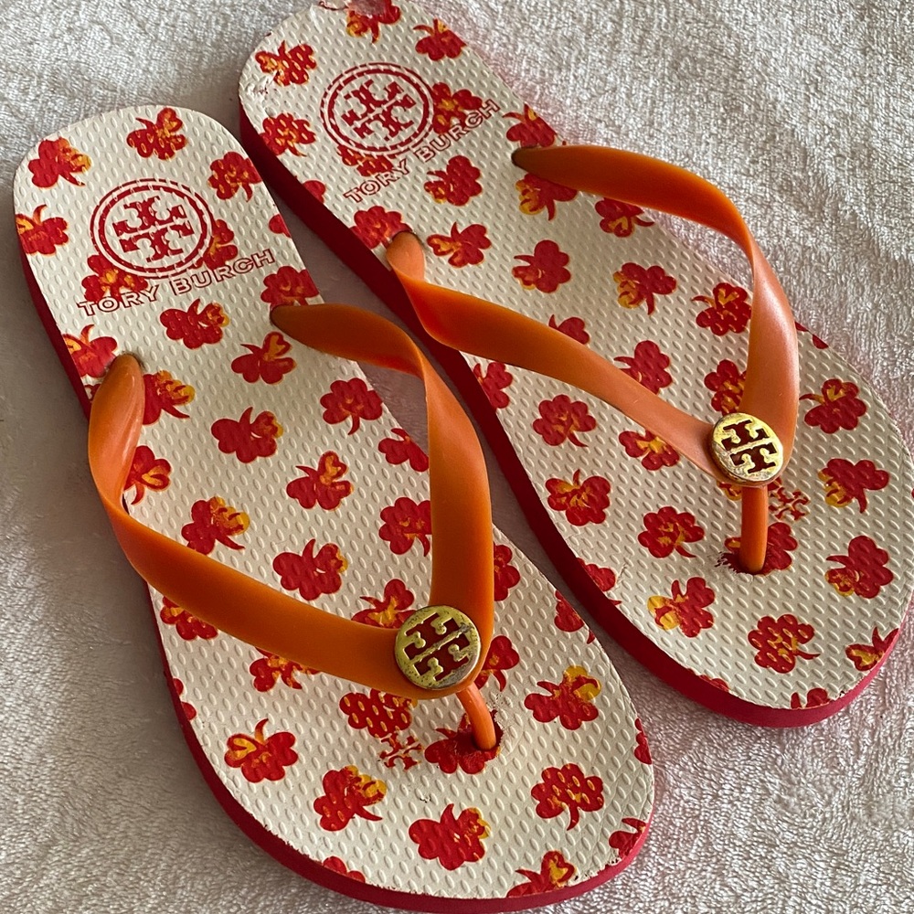 Tory Burch Orange Floral Flip Flops